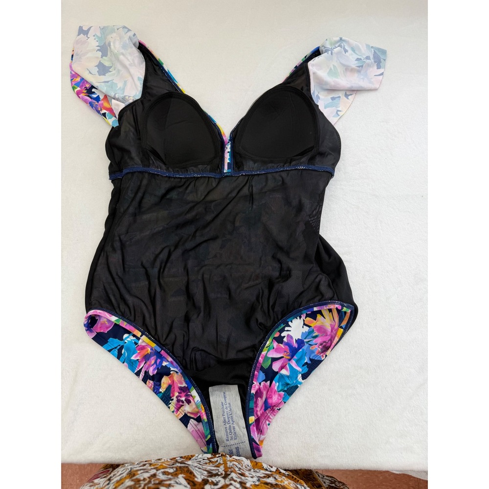 Swim Solutions Flutter Sleeve One Piece Swimsuit Size 14 Navy Floral - Picture 5 of 10